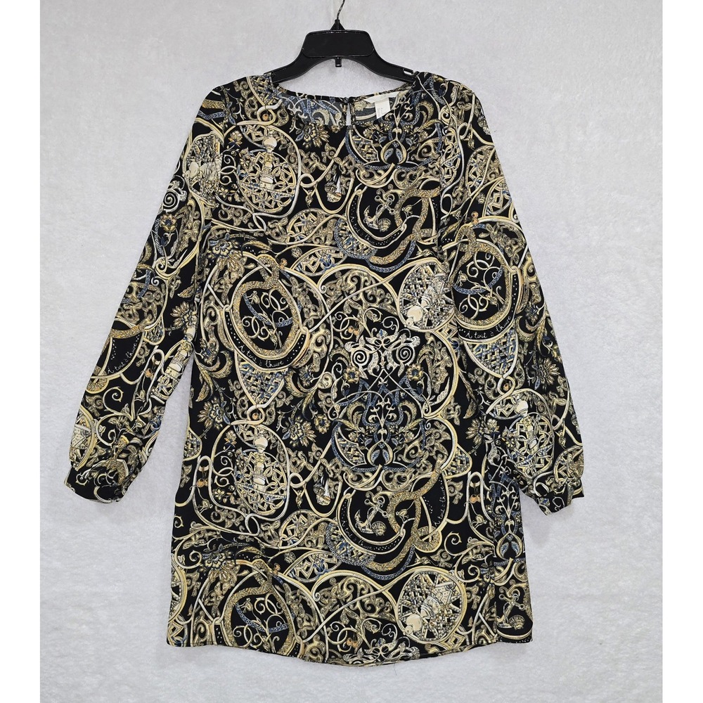 H&M Dress Women's 6 Scoop Neck Shift Gold Paisley Anchor Print Long Sleeve Black